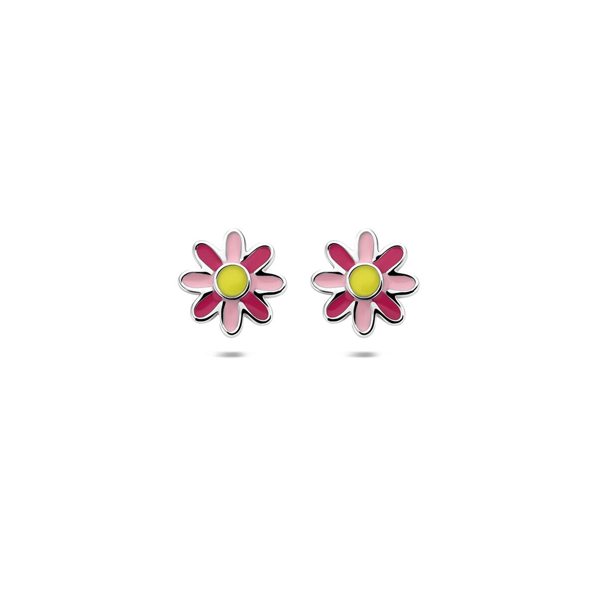 Pendientes de flor en plata 925 con esmalte en tonos rosa y amarillo.
