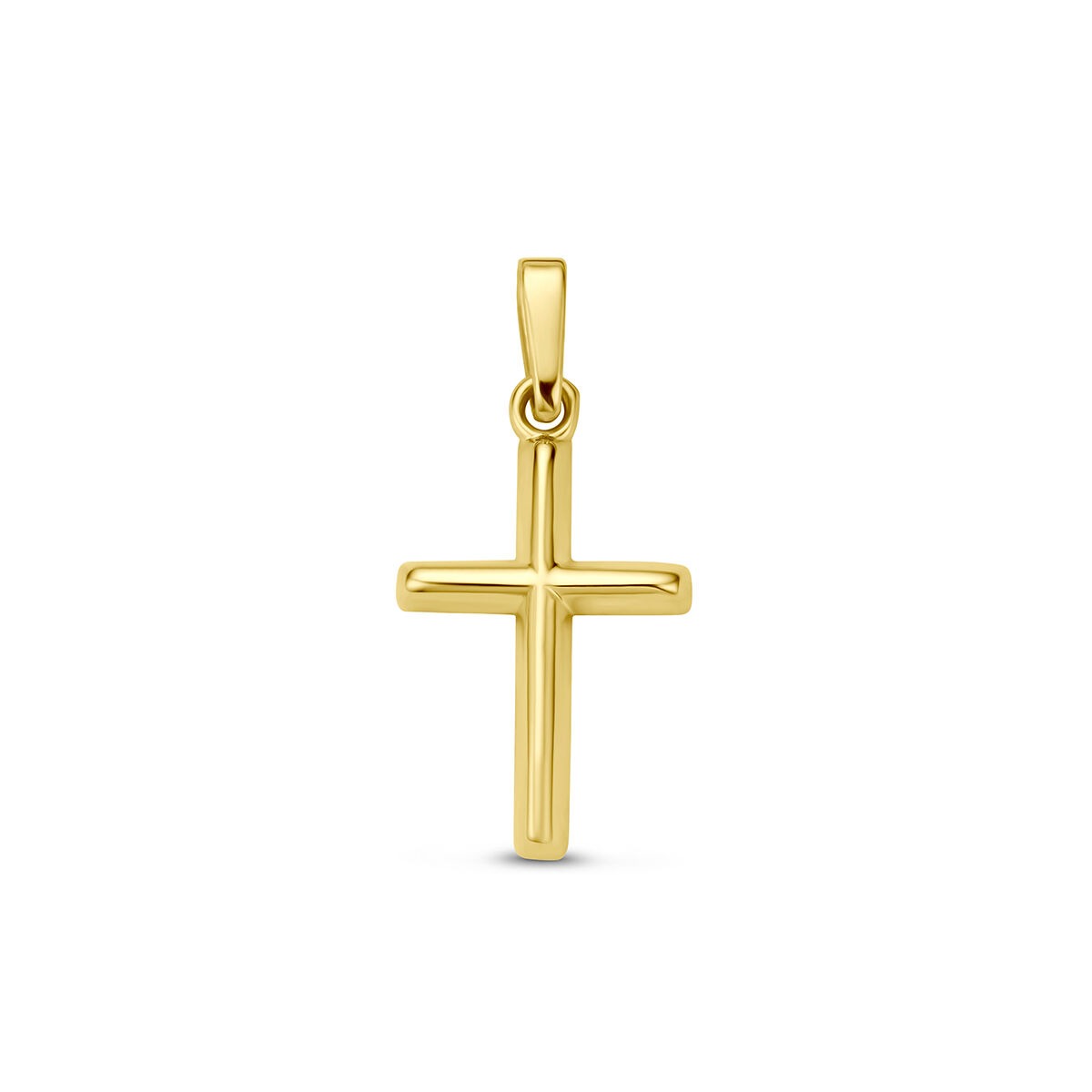 Colgante de cruz en oro amarillo de 9 quilates, con un diseño simple y pulido.