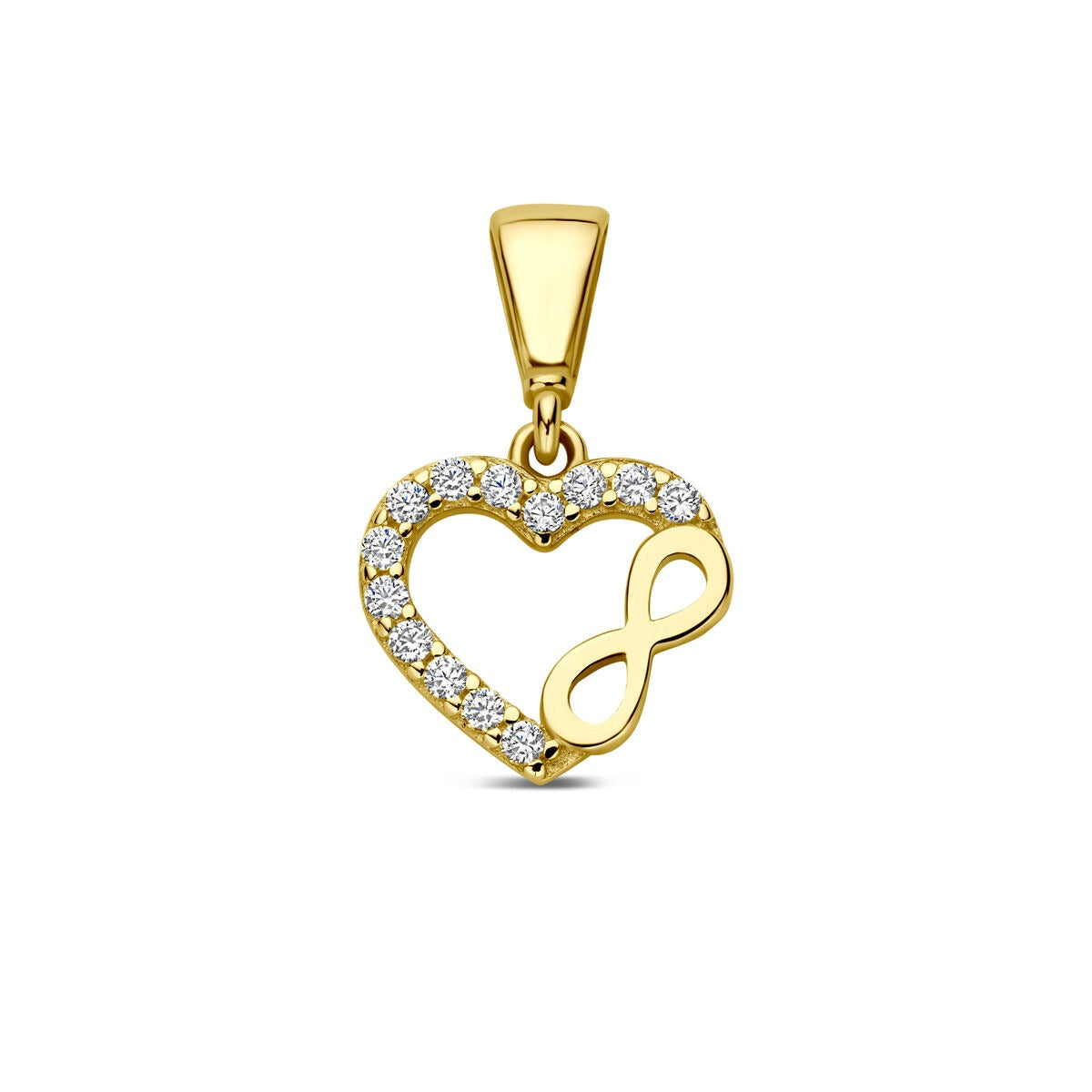 Colgante de corazón en oro amarillo de 9k con símbolo de infinito y circonitas brillantes.