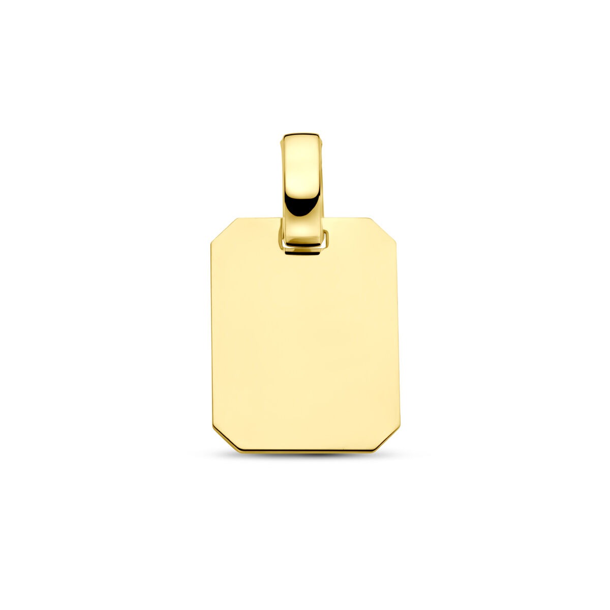Colgante rectangular de dama en oro amarillo de 14k, con un diseño simple y atemporal.