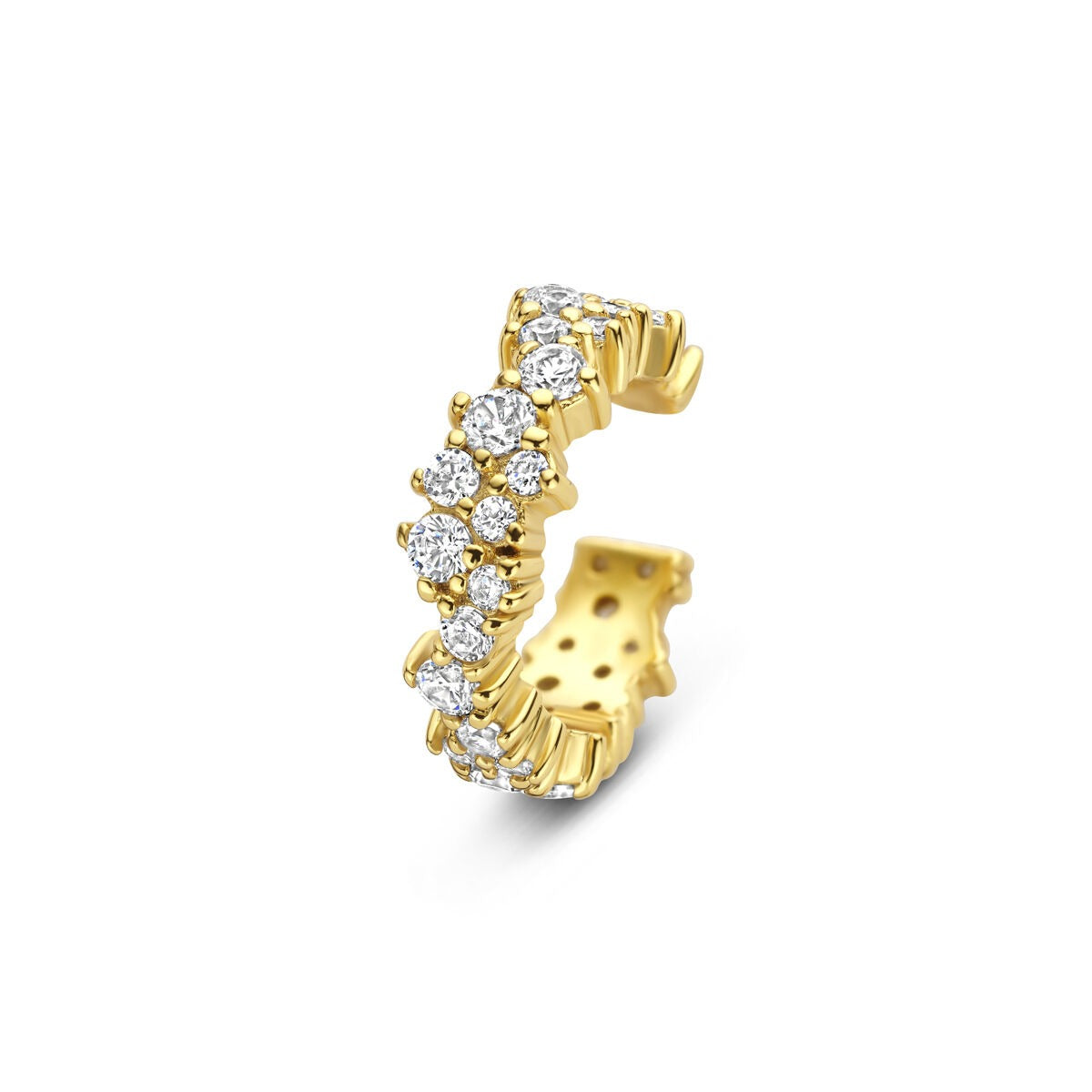 Ear cuff dorado de plata con circonitas, diseño ondulado y brillante, sin necesidad de perforación.