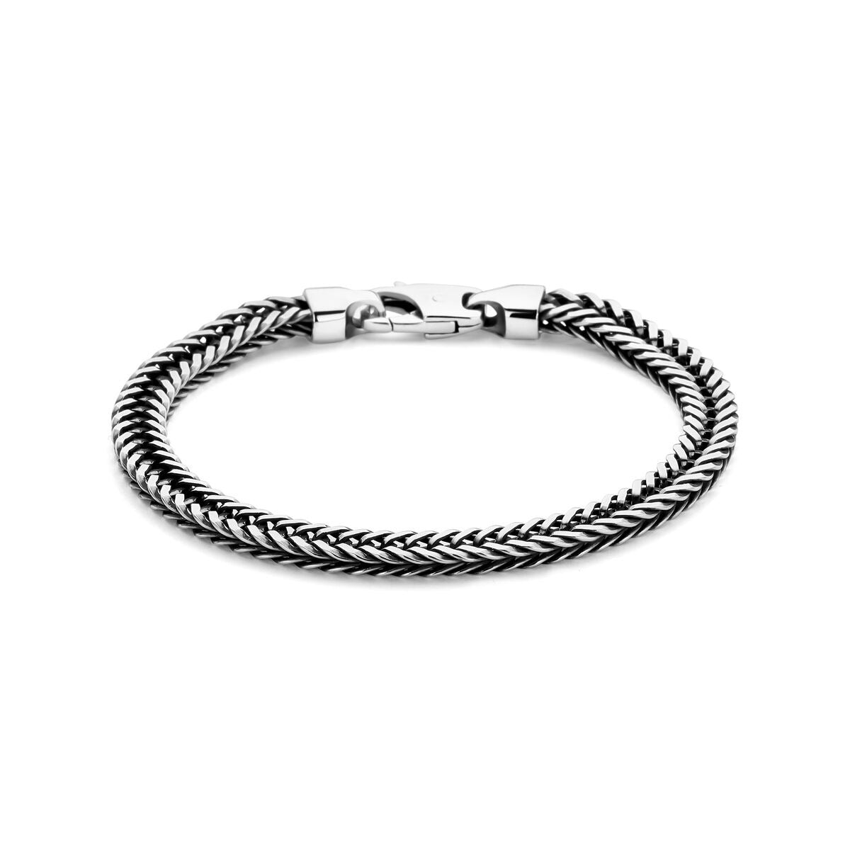 Pulsera de hombre de plata oxidada con diseño de trenza en forma de cola de zorro.