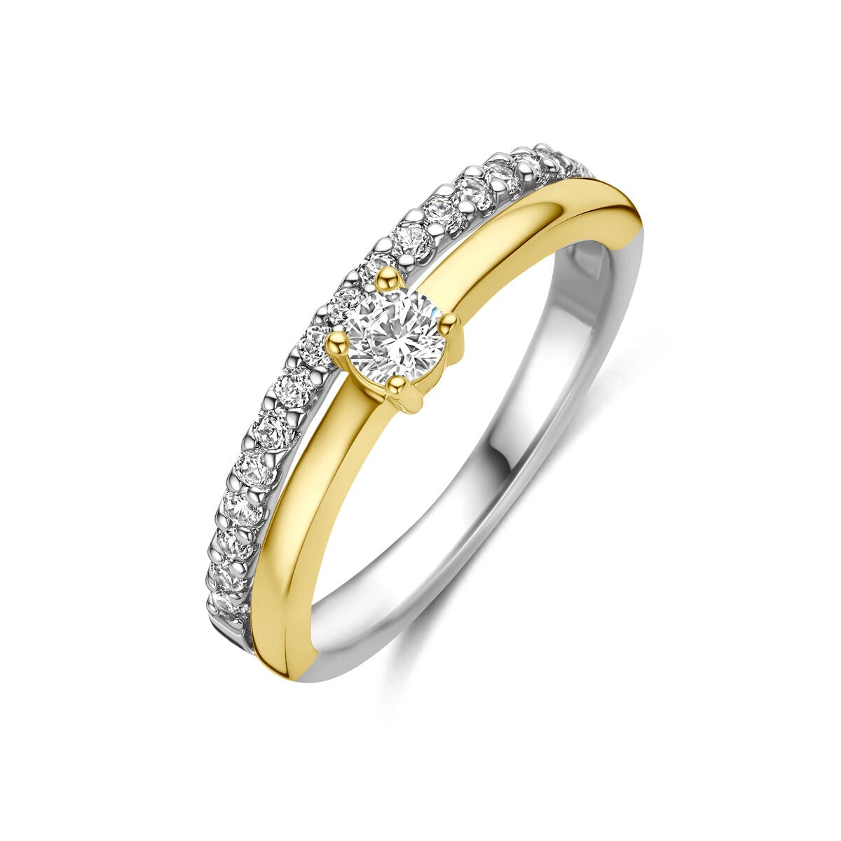 Anillo de plata dorada y rodiada con circonitas brillantes.