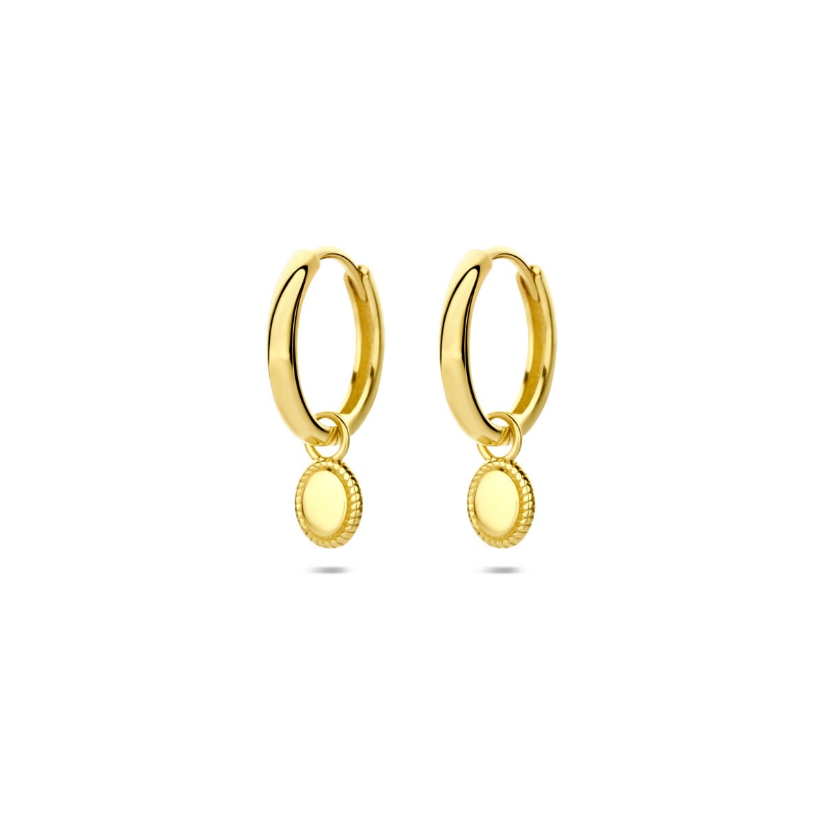 Pendientes de aro de oro amarillo de 14k con colgante redondo, diseño clásico y elegante.