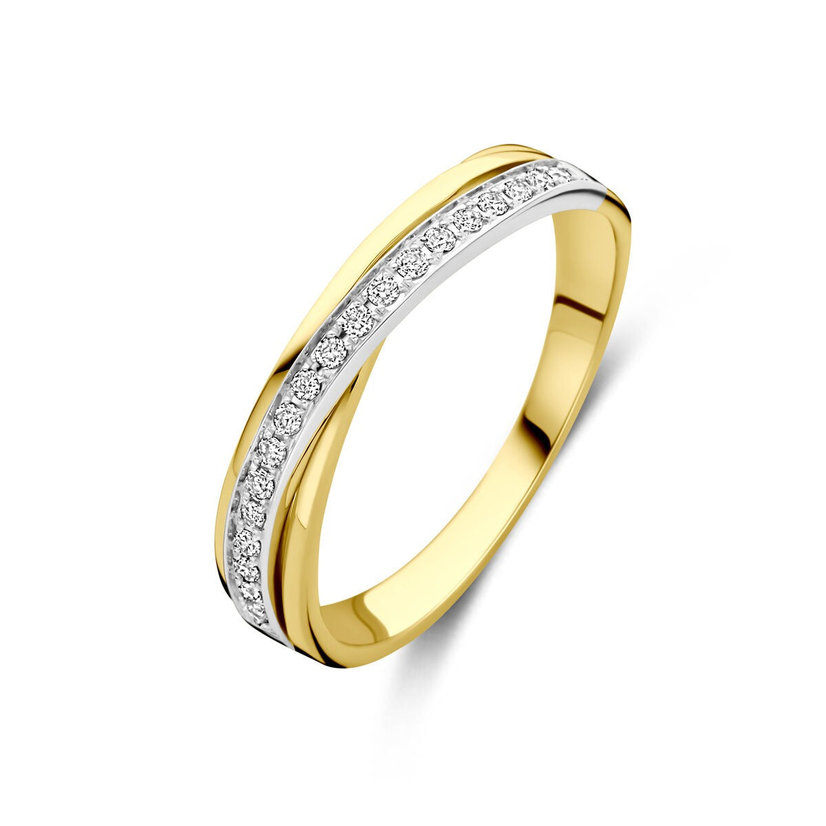 Anillo bicolor de 14k con diamantes de 0.13 ct en la parte superior.