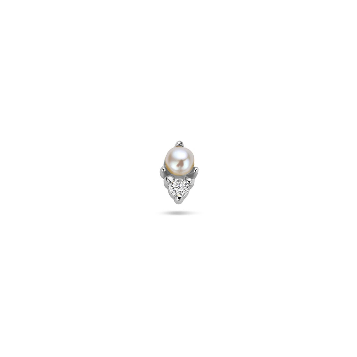 Piercing de plata rhodium con perla y circonitas, diseño de fondo plano.