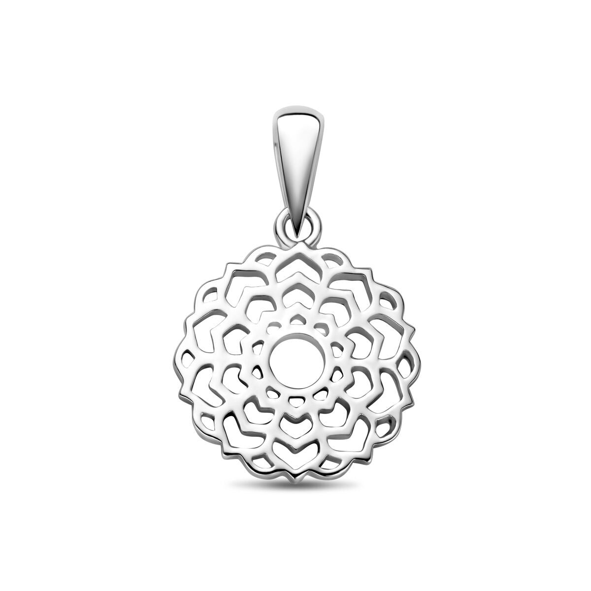 Colgante de flores de plata rodiada con diseño calado y acabado brillante.