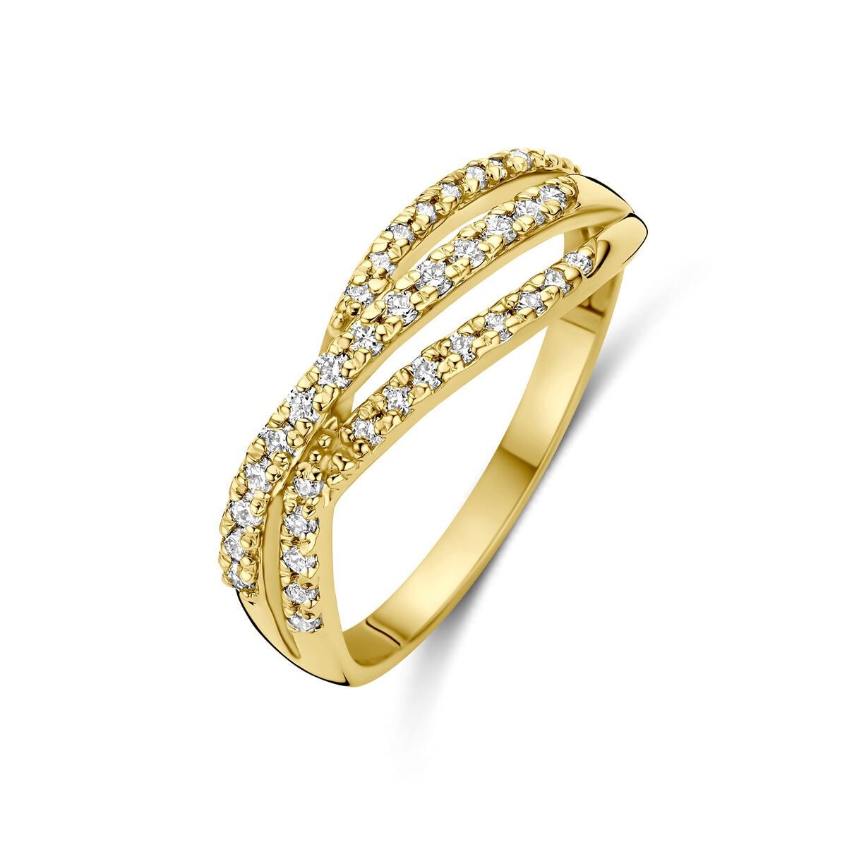 Anillo de oro amarillo de 14k con diamantes lab-grown en un diseño entrelazado.