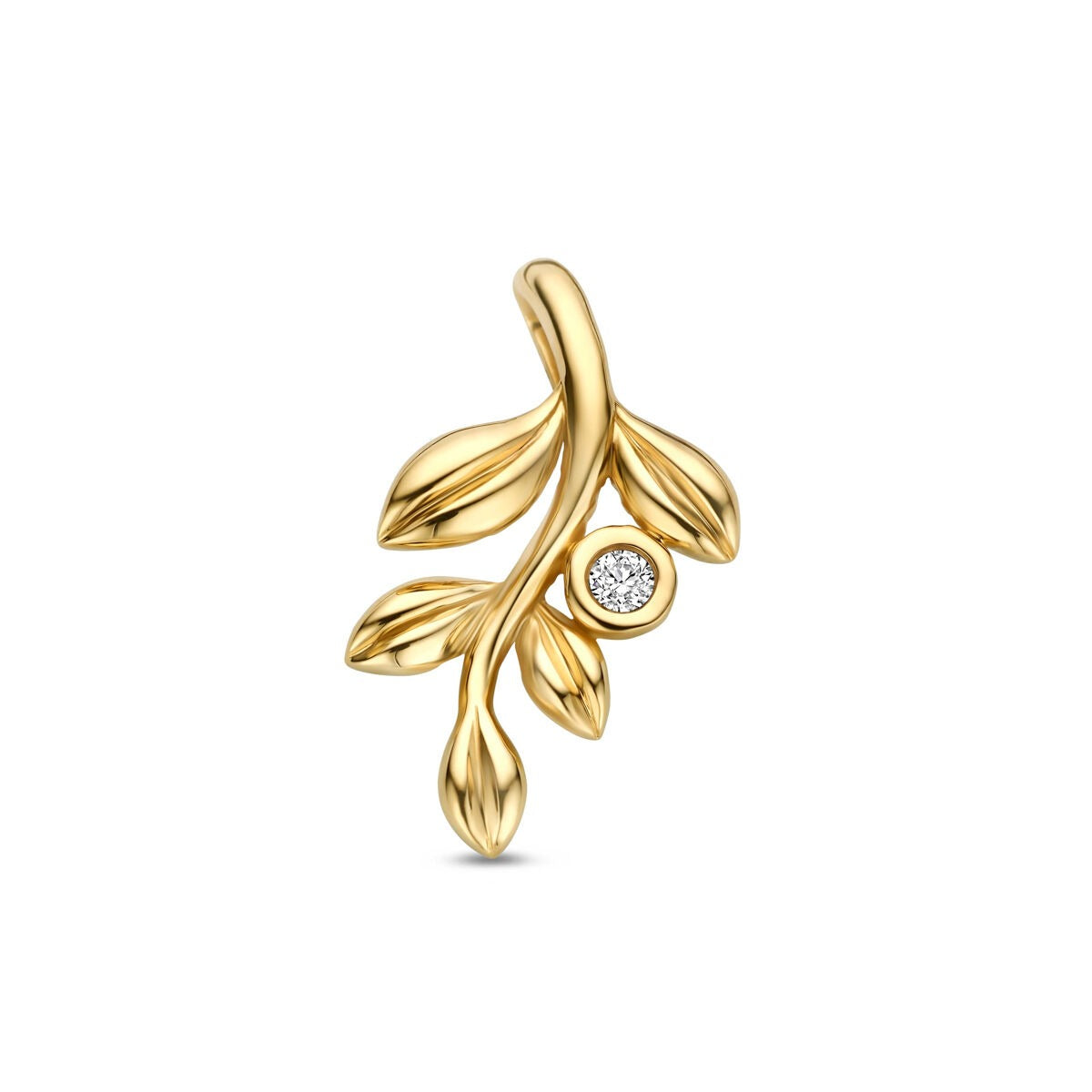 Colgante de oro amarillo de 14k con diseño de rama y diamante cultivado en laboratorio.
