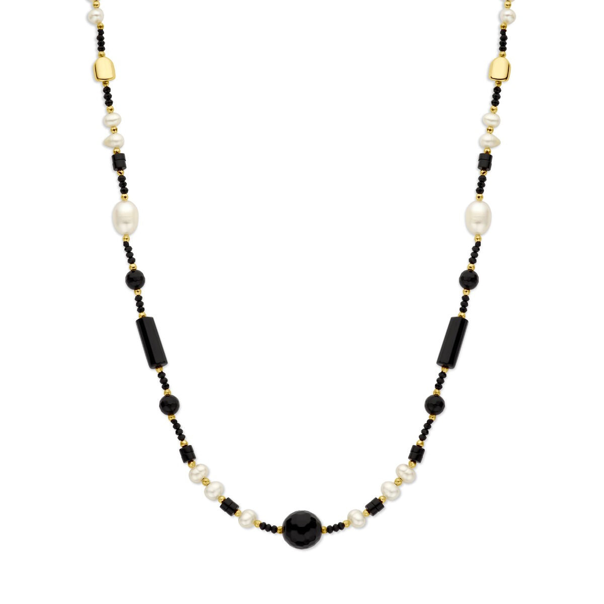 Collar dorado de plata con perlas y ónix, con cuentas negras y detalles en dorado.