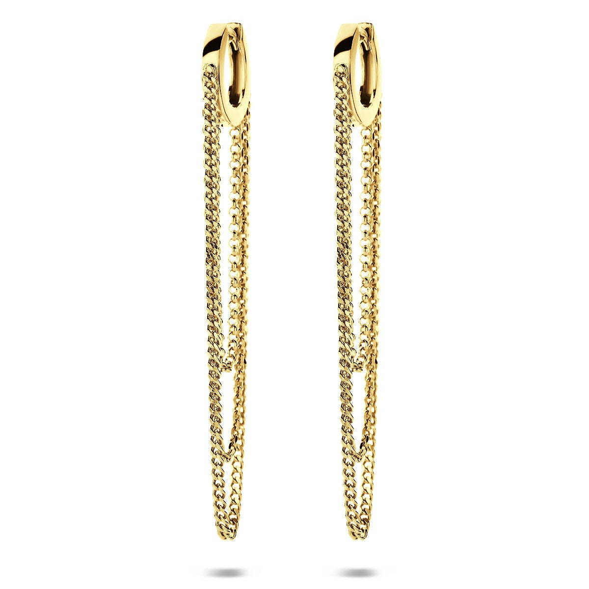 Pendientes de aro dorados con cadenas largas y delicadas.