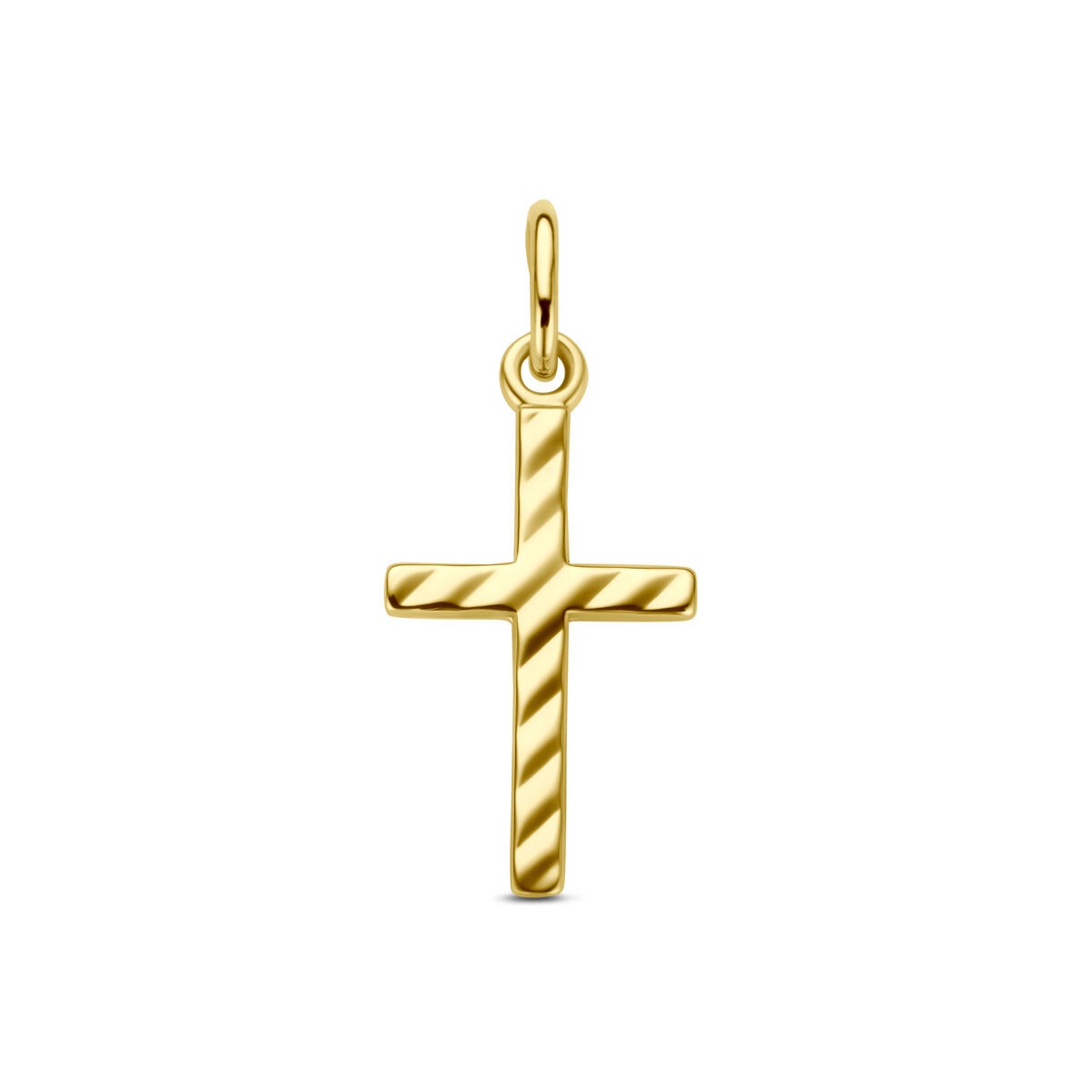 Colgante de cruz en oro amarillo de 9 quilates con diseño estriado.