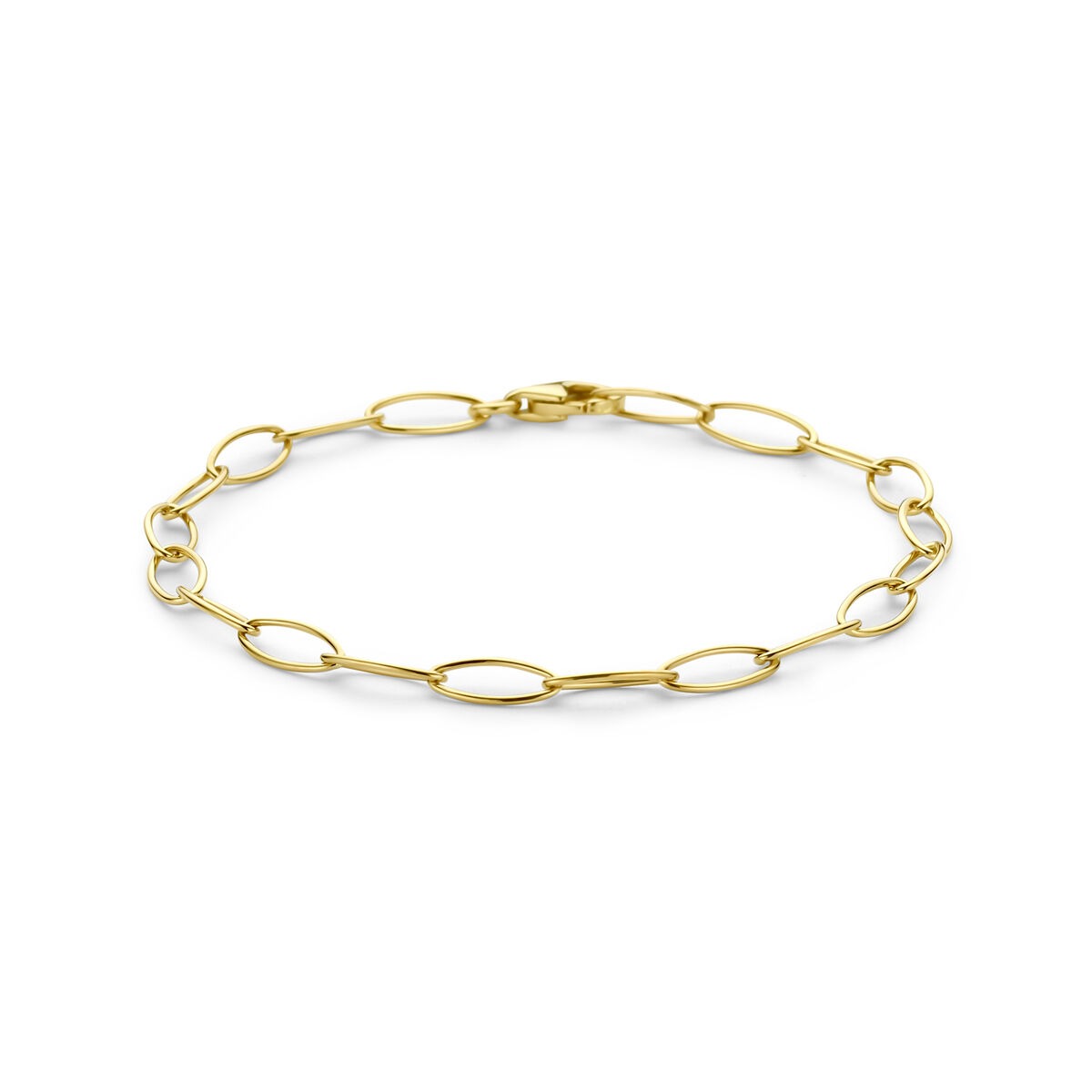 Pulsera de eslabones en oro amarillo de 14k con diseño de ancla y detalles brillantes.
