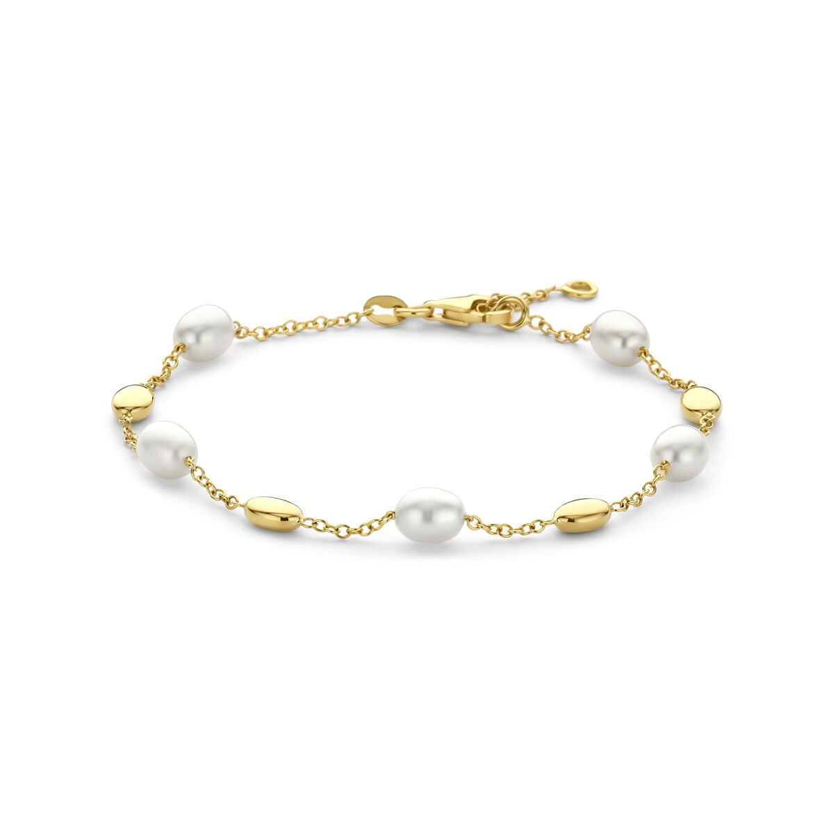 Pulsera de oro amarillo de 14k con perlas blancas y detalles en forma ovalada.