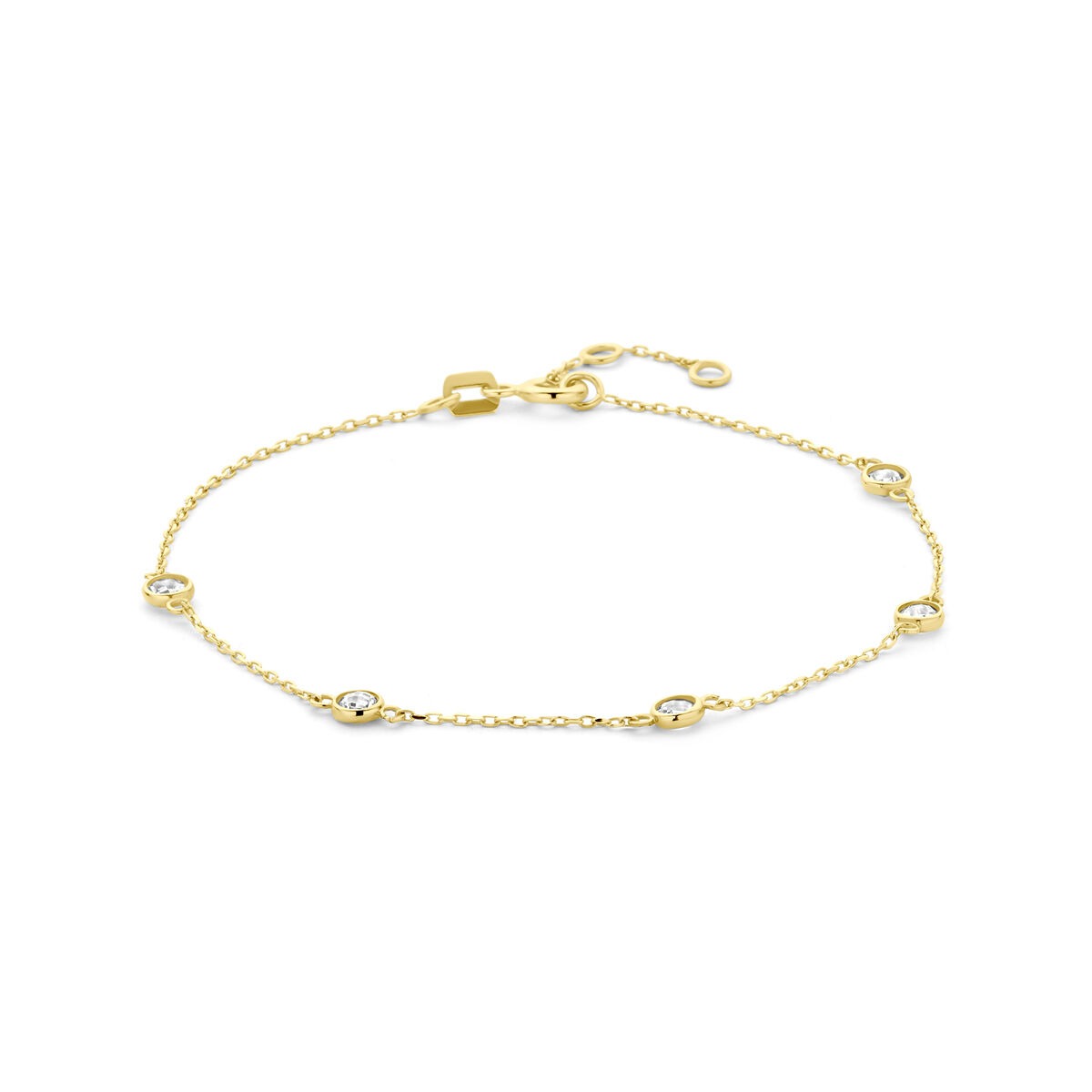 Pulsera de oro amarillo de 14k con zirconias brillantes en forma ovalada.