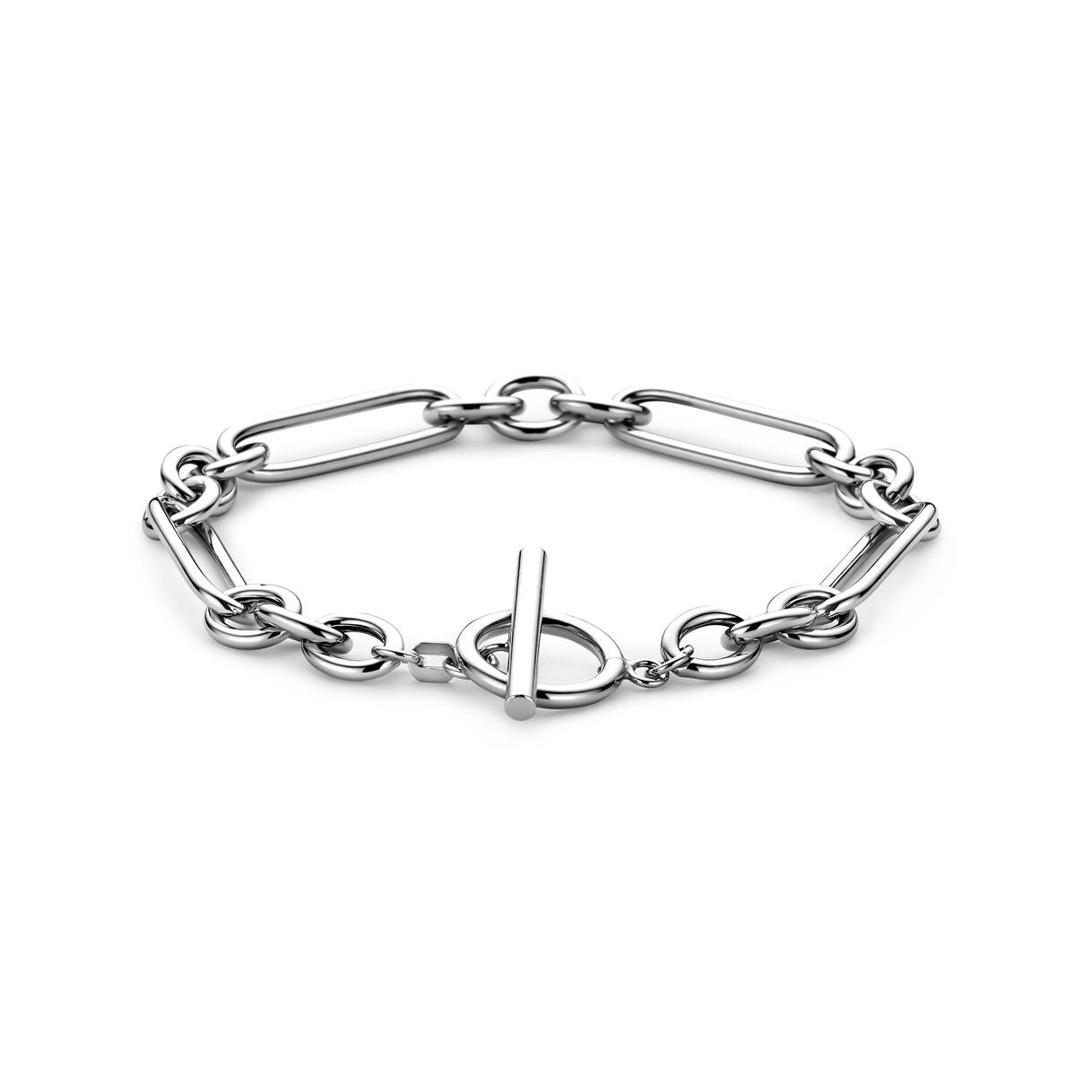Pulsera de eslabones de plata rodiada con cierre de ancla.