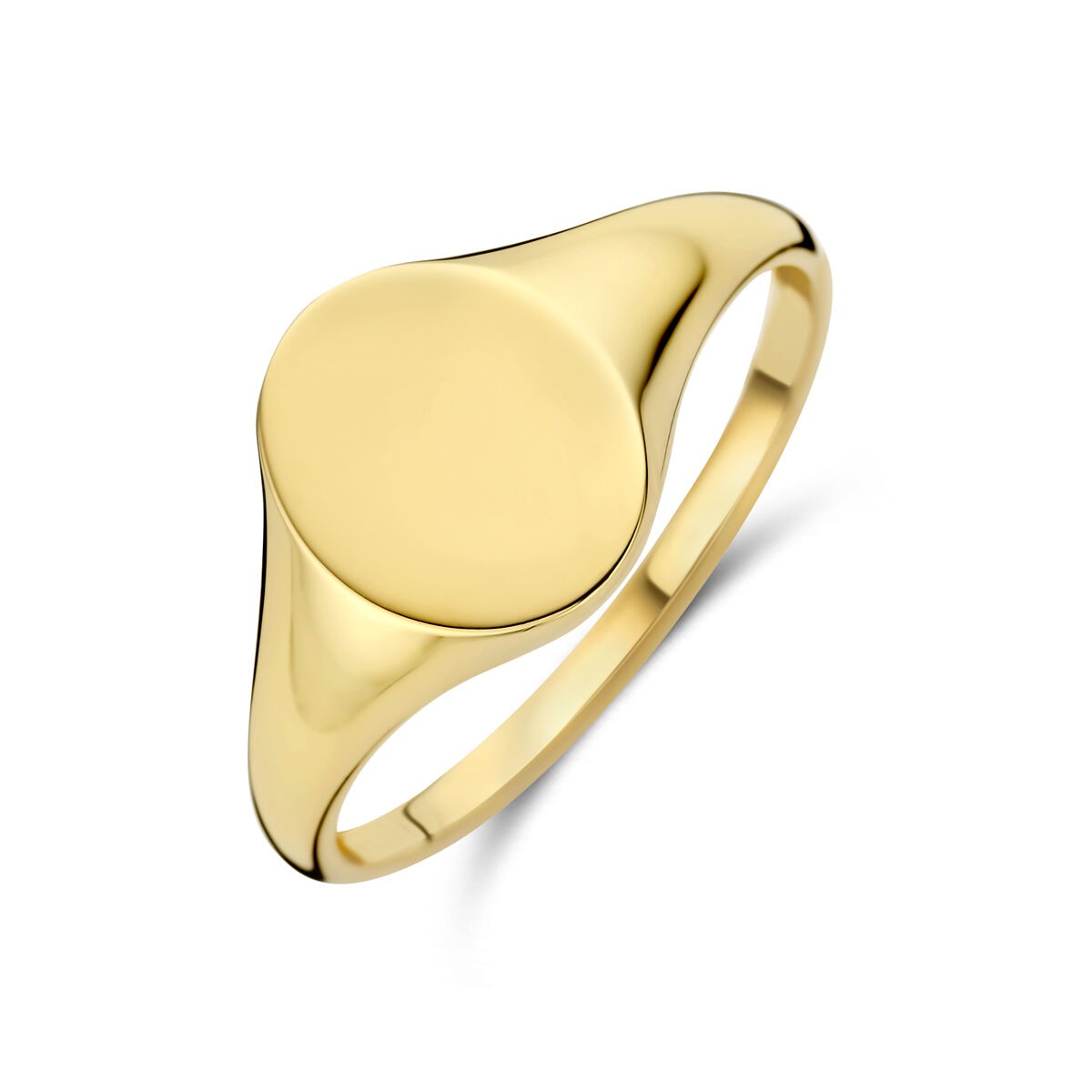 Anillo de sello ovalado en oro amarillo de 9k, sin piedra, con acabado pulido.