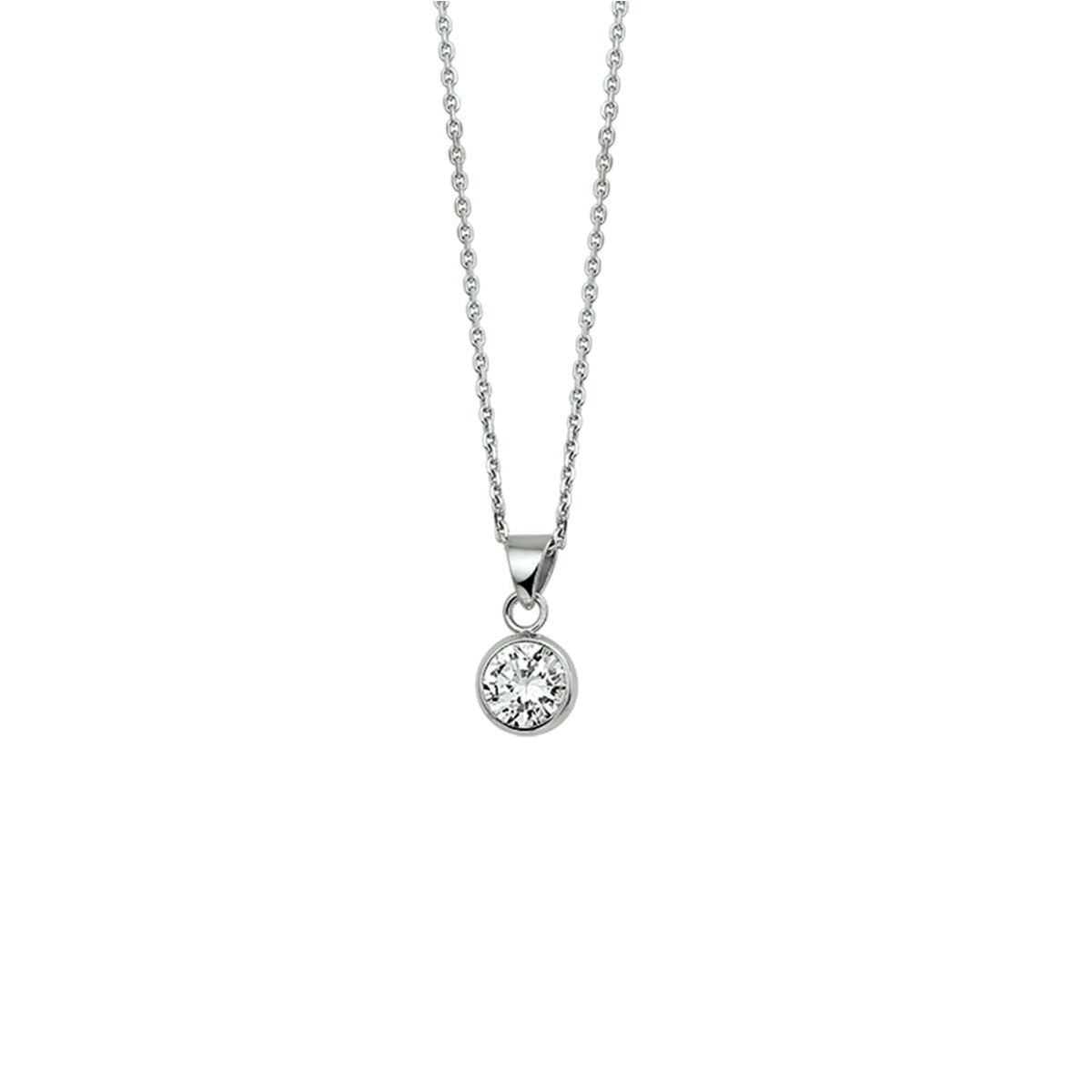 Collar de plata rodiada con colgante de circonita en forma redonda.