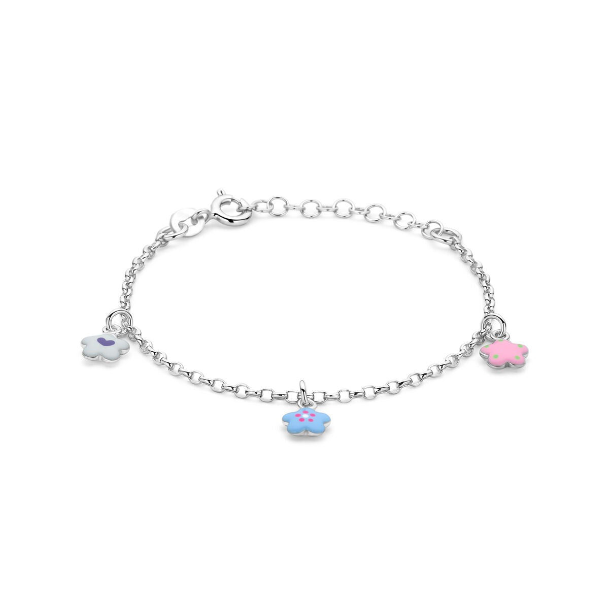 Pulsera infantil de plata 925 con flores de esmalte en colores rosa y azul.