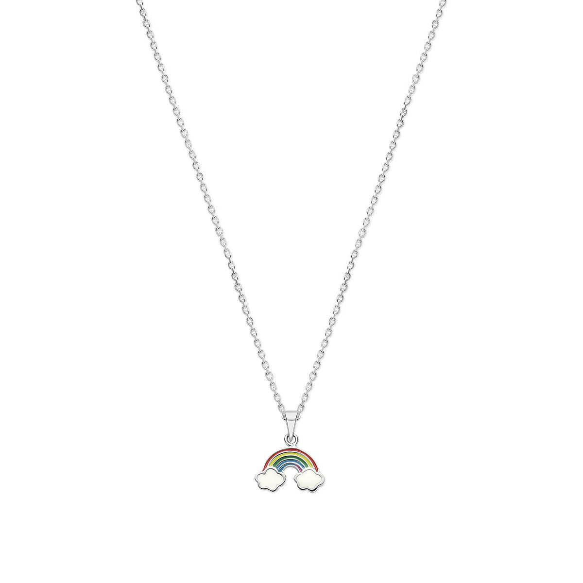 Collar de plata infantil con colgante de arcoíris y nubes esmaltadas.