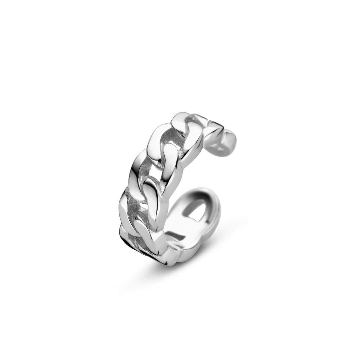 Ear cuff de plata rhodium, con diseño de eslabones entrelazados y acabado brillante.