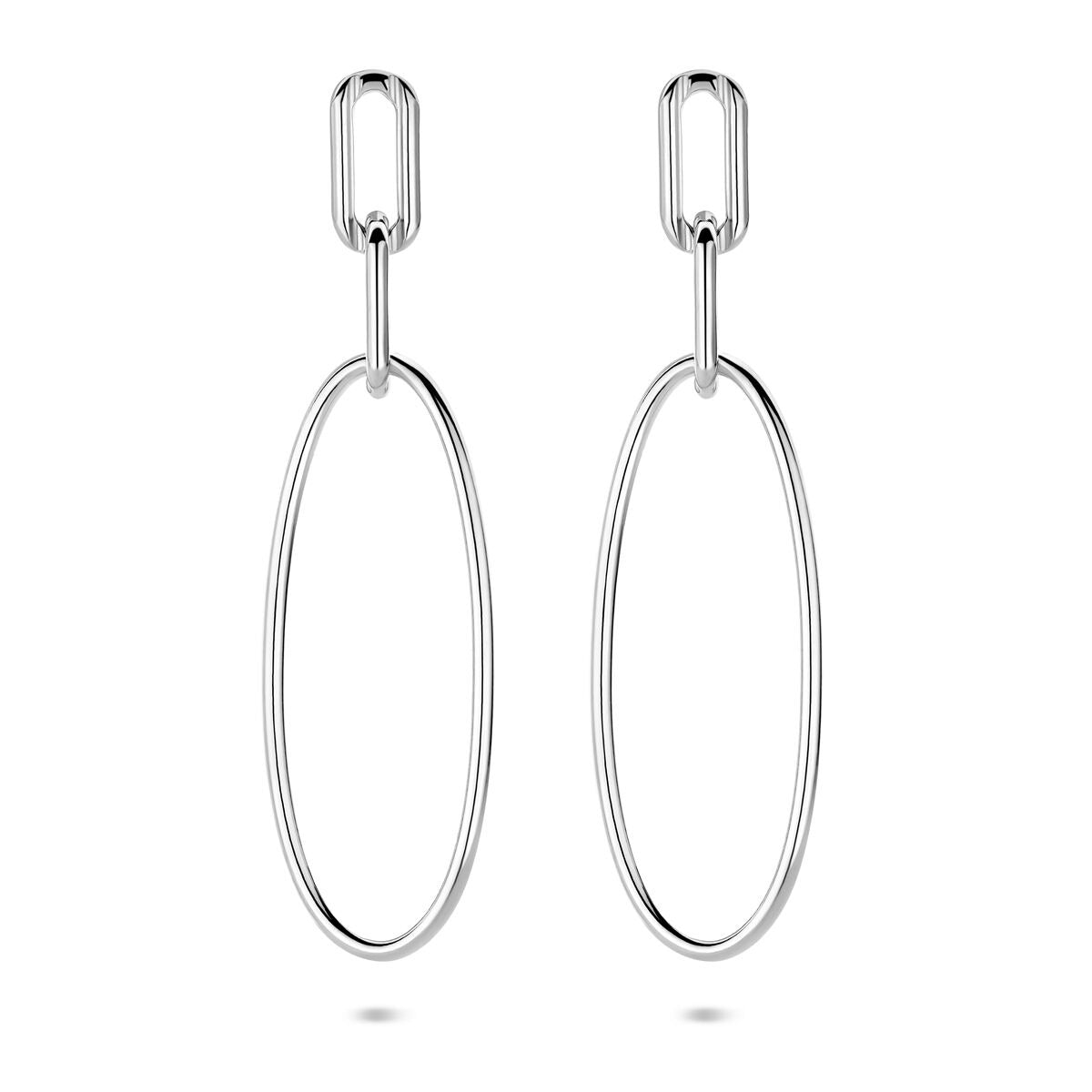 Pendientes largos ovalados de plata, con acabado rodiado, de 44 mm de longitud.