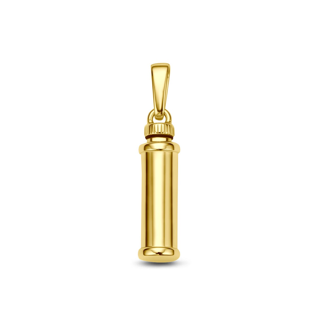 Colgante de urna en oro amarillo de 9 quilates, con acabado pulido y forma cilíndrica.