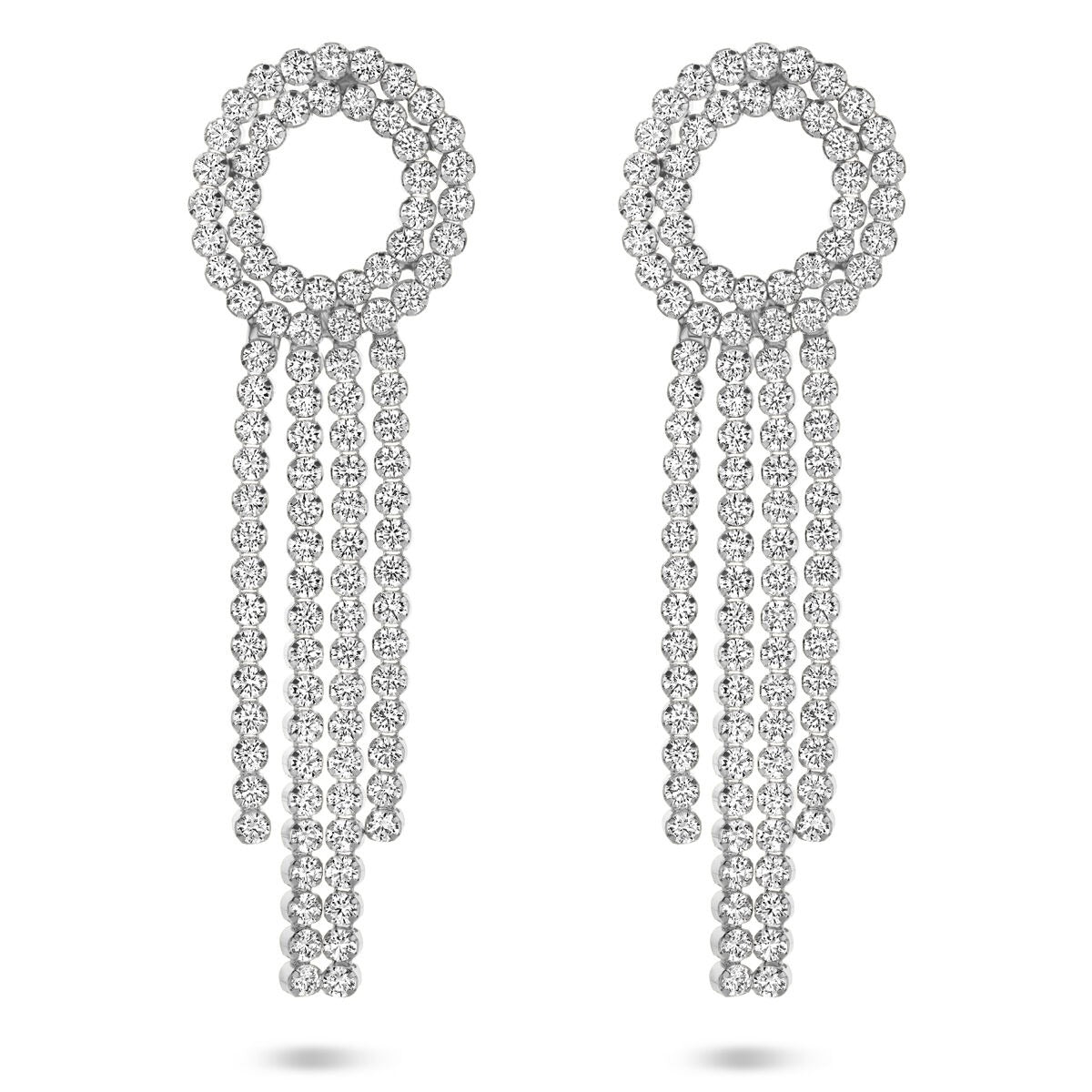 Pendientes largos de plata rodiada con circonitas, de 62 mm, con diseño de círculos y cadenas.