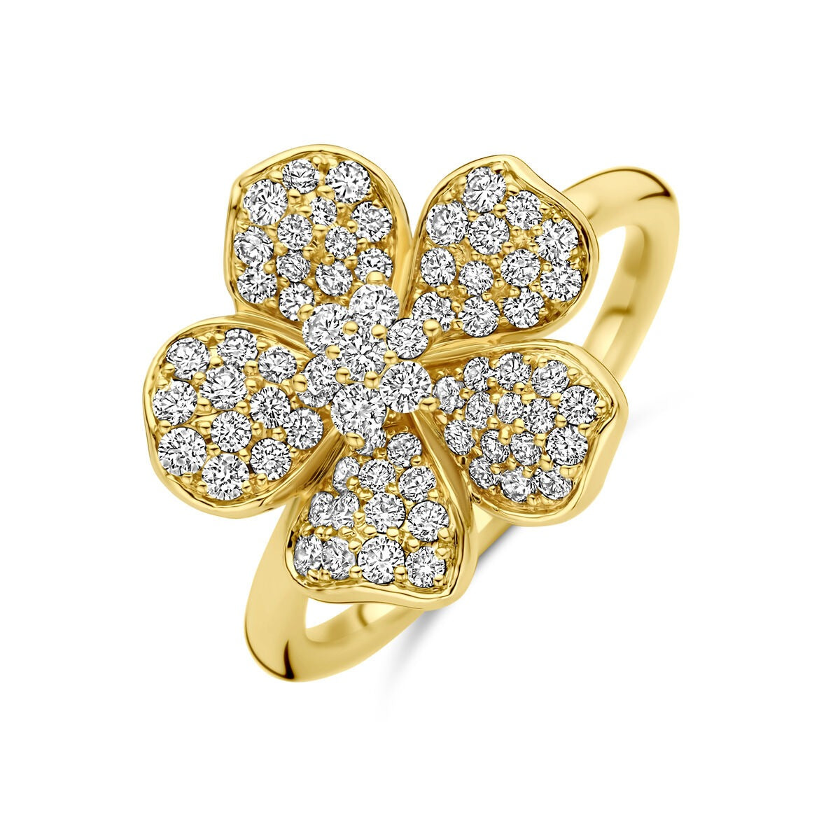 Anillo de flor en oro amarillo de 14k con diamantes brillantes en forma de pétalos.