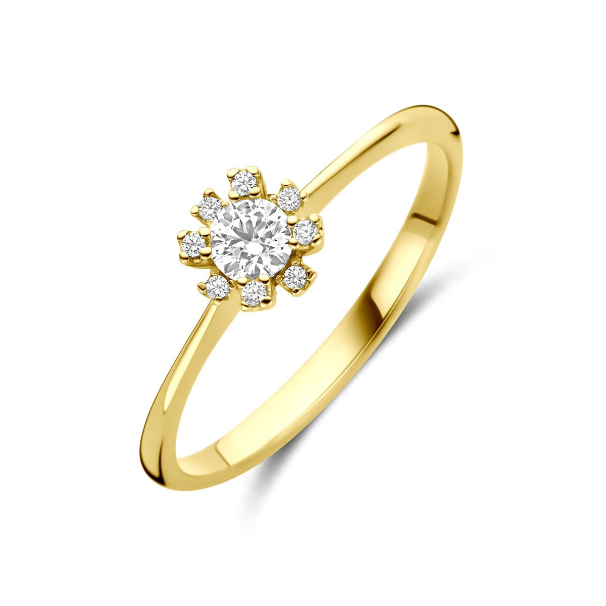 Anillo de dama de oro amarillo de 14k con circonitas, diseño elegante en estilo de entorno.