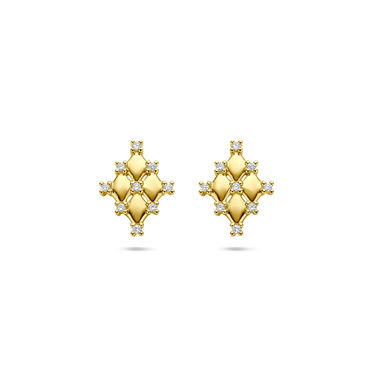 Pendientes de oro amarillo de 14k con diamantes, forma de rombo, tamaño 12 x 9 mm.