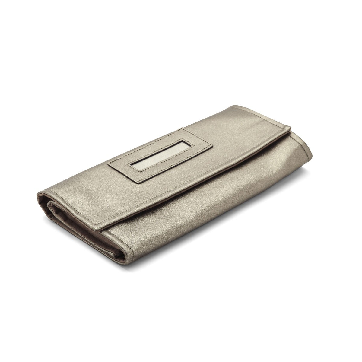 Estuche de joyería marrón con cierre, forma rectangular y acabado suave.
