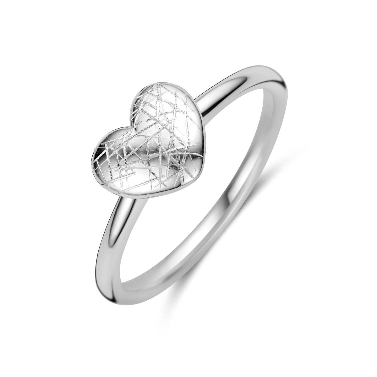 Anillo de plata 925 rodiada con forma de corazón y diseño interno en relieve.