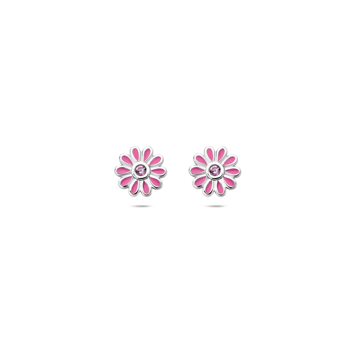 Pendientes de flor plateados con circonita rosa, acabados en rodio.