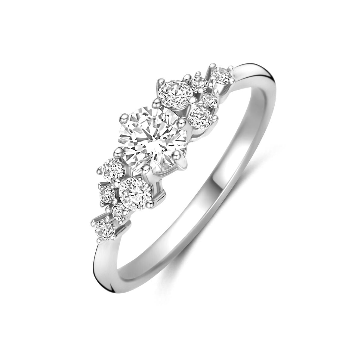 Anillo de plata 925 rodiada con zirconias de 6 mm en forma de flor.