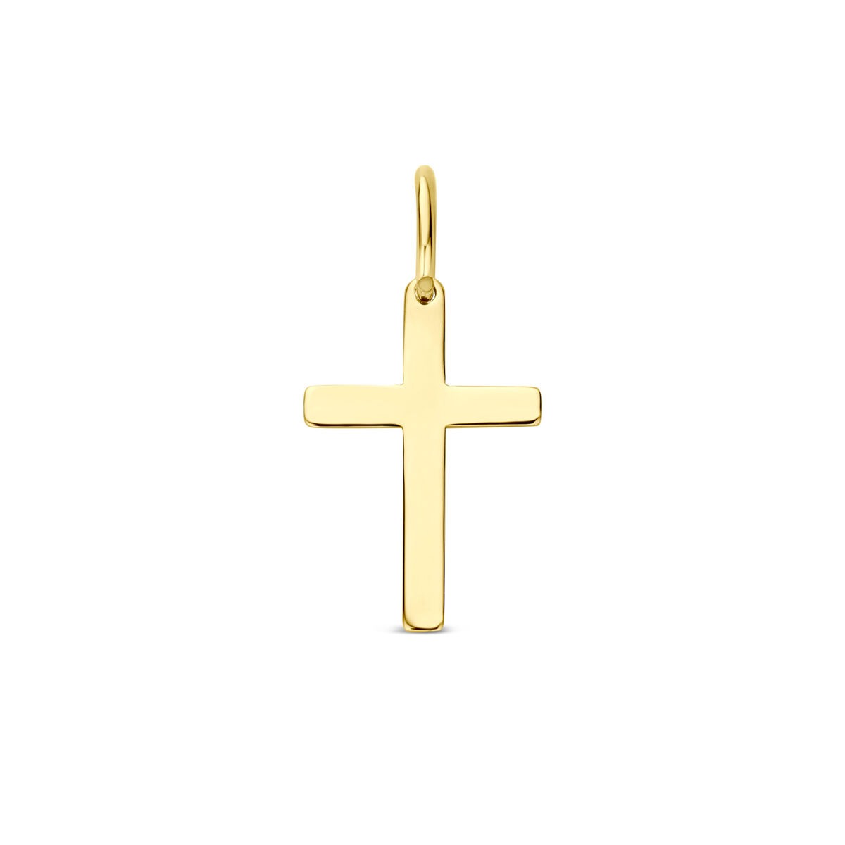 Colgante de cruz en oro amarillo de 9 quilates, con un diseño liso y moderno.