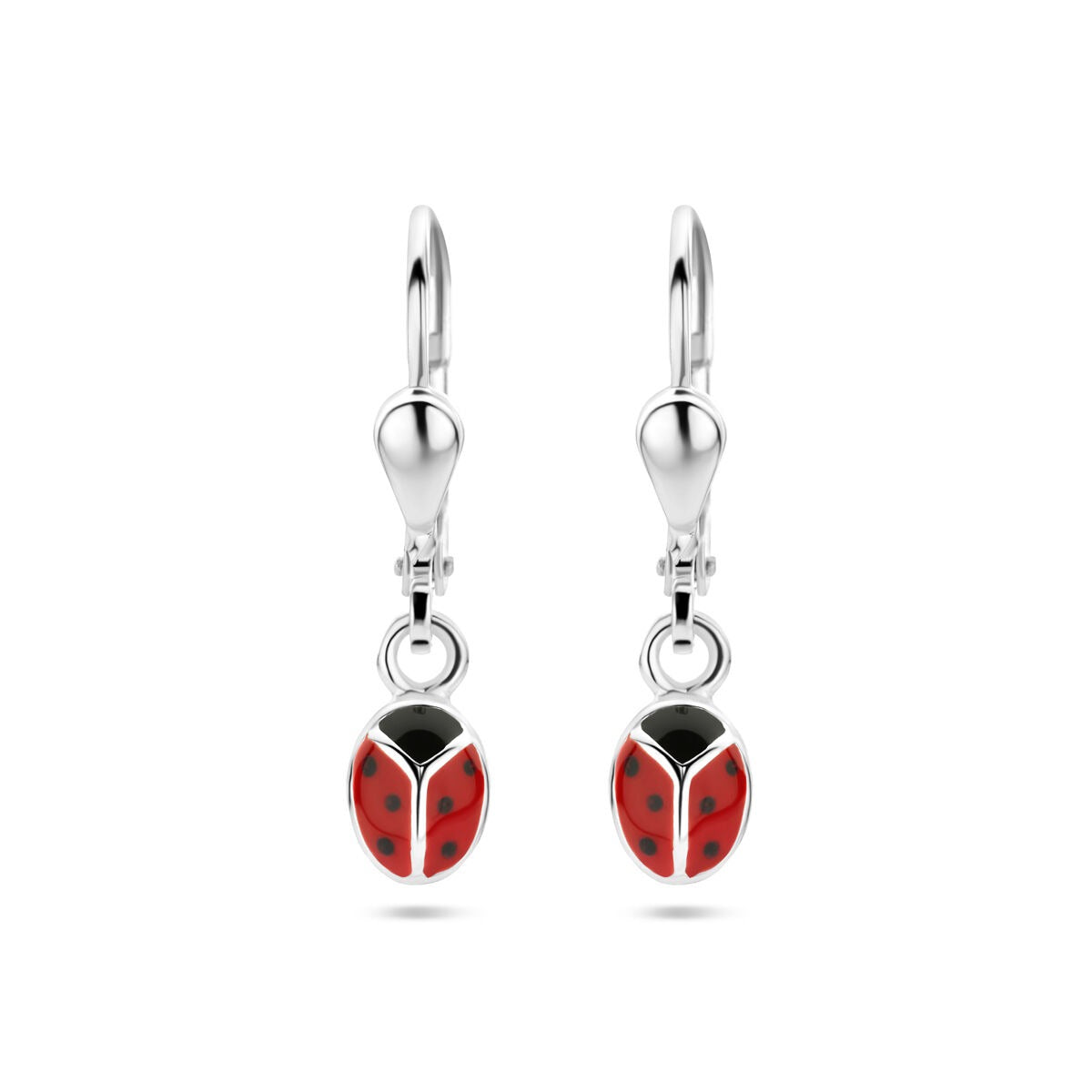 Pendientes largos de plata con diseño de mariquita roja y negra, elaborados en plata 925.