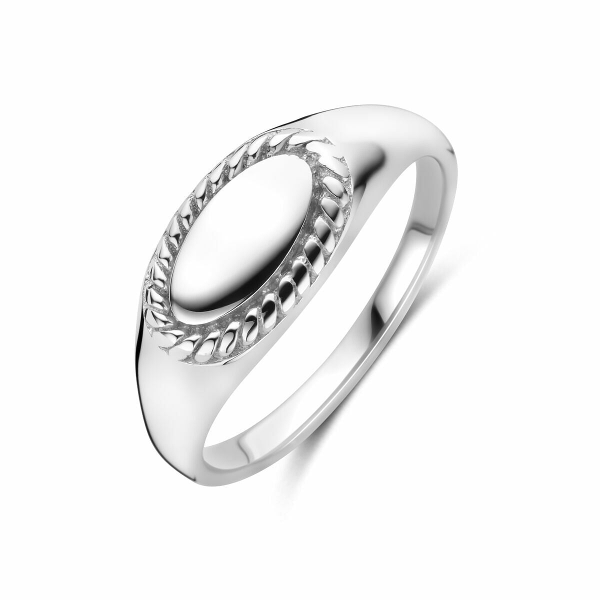 Anillo de sello de mujer en plata de ley 925, acabado rodiado, con borde trenzado.