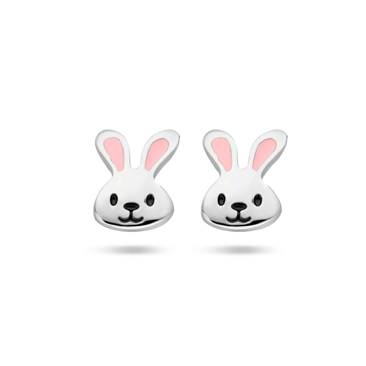 Pendientes de primera puesta de conejo plateados con esmalte blanco y rosa.