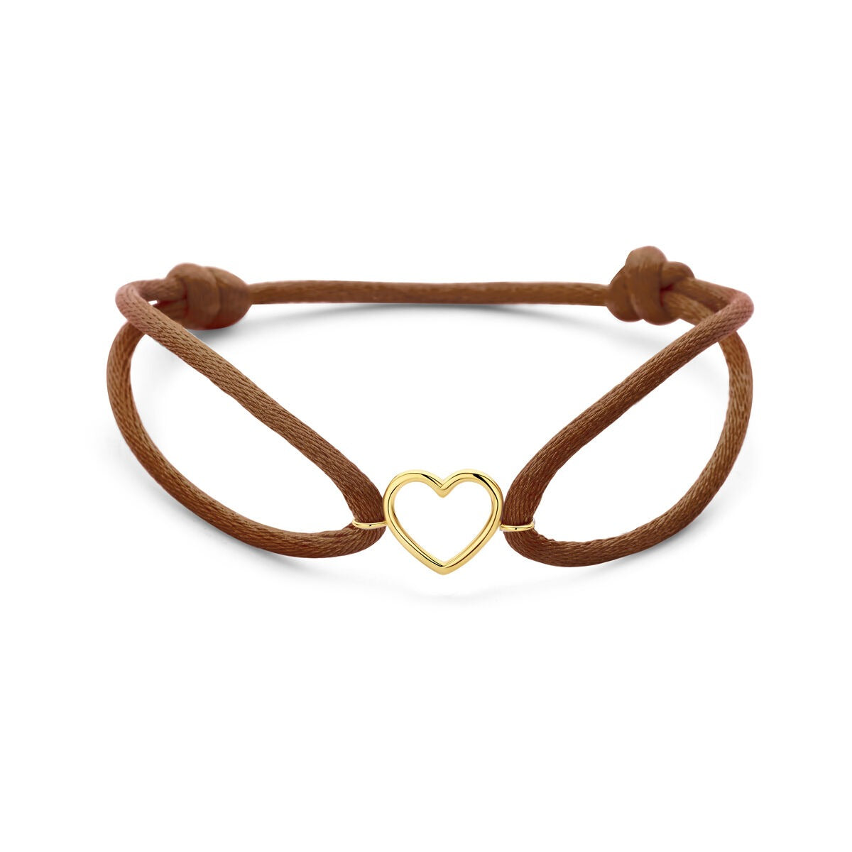 Pulsera de satén marrón con un corazón de oro amarillo de 14k, símbolo sutil de amor.