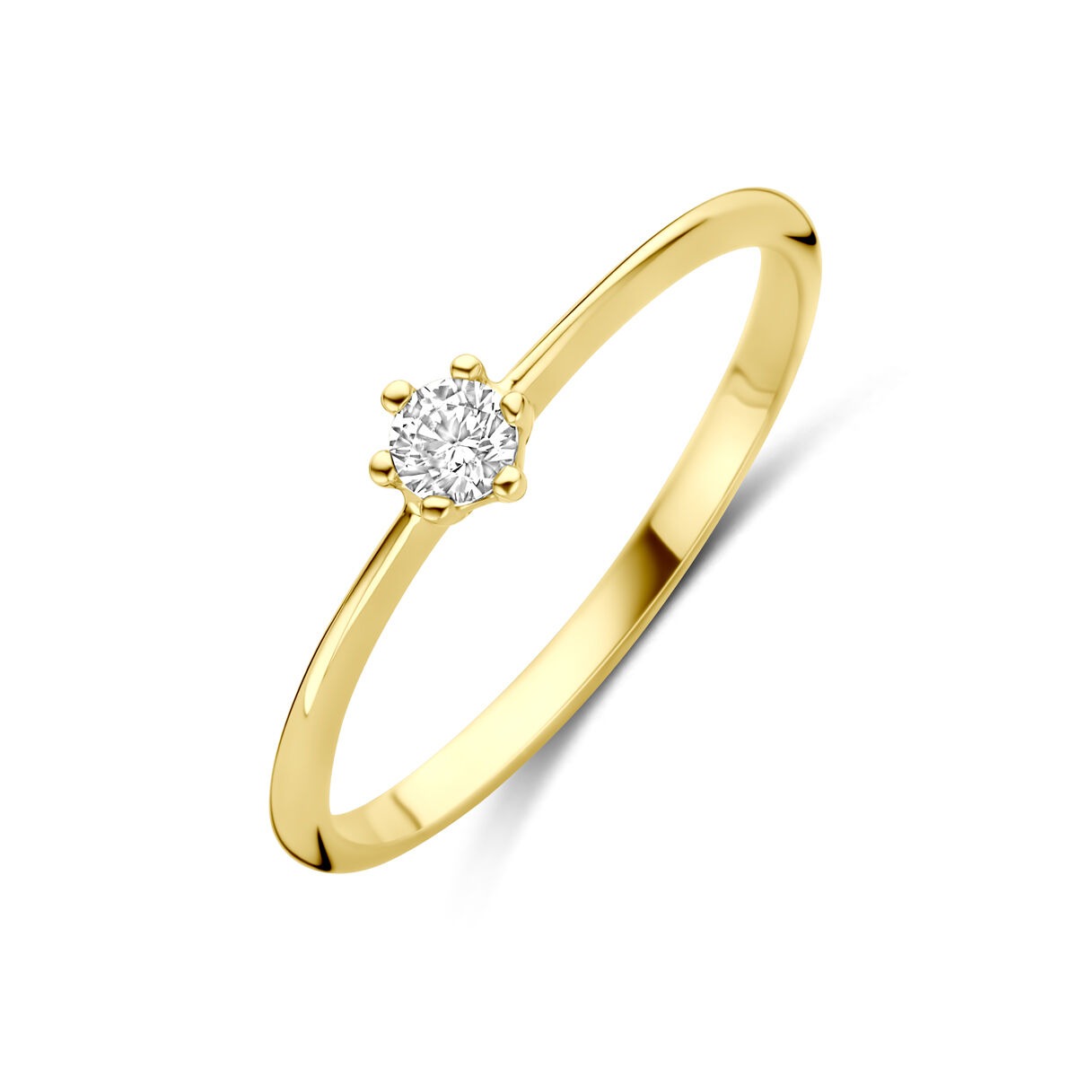 Anillo de dama en oro amarillo de 14k con una zirconia brillante en el centro.