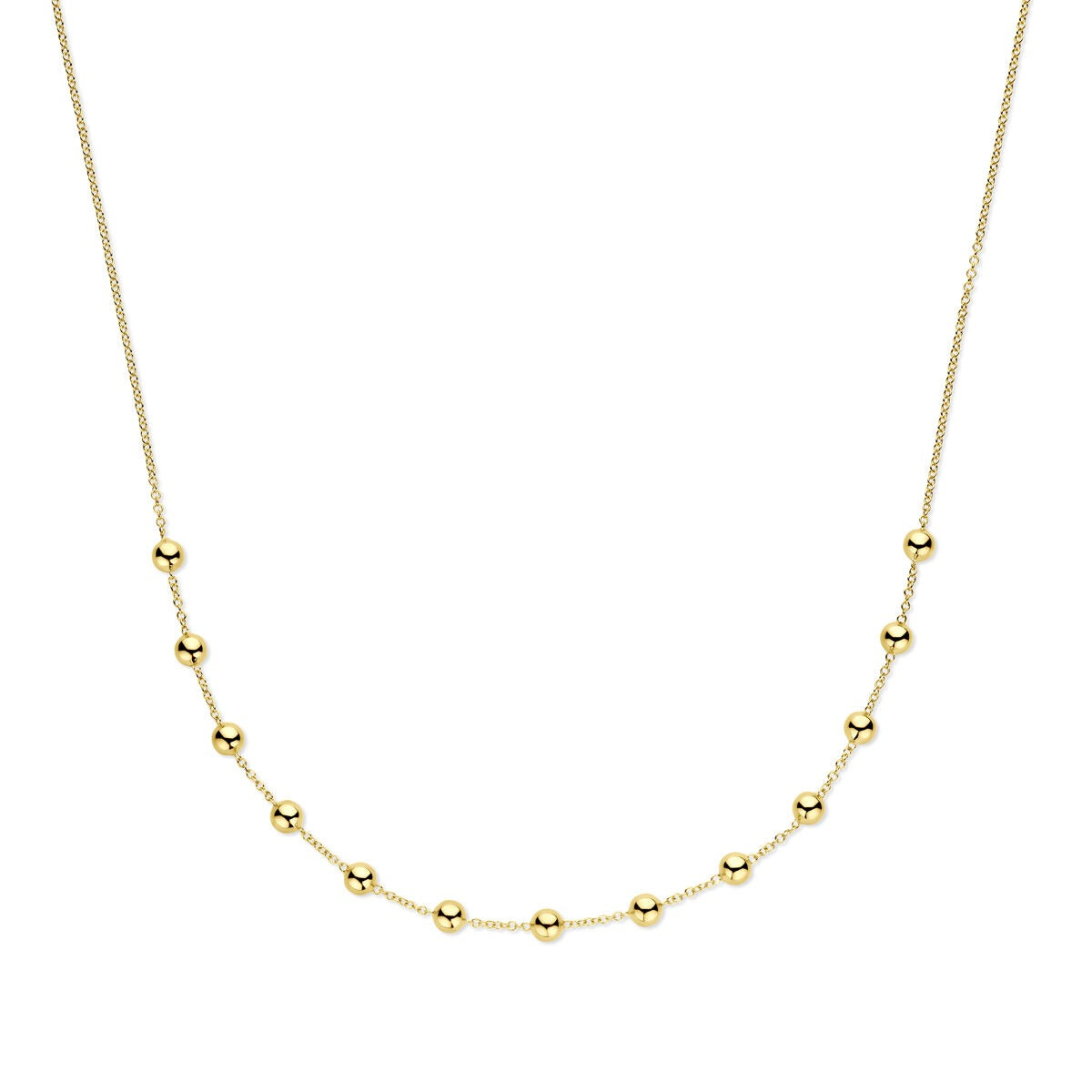 Collar de bolitas de oro amarillo de 14k para dama, con esferas brillantes y cadena delicada.