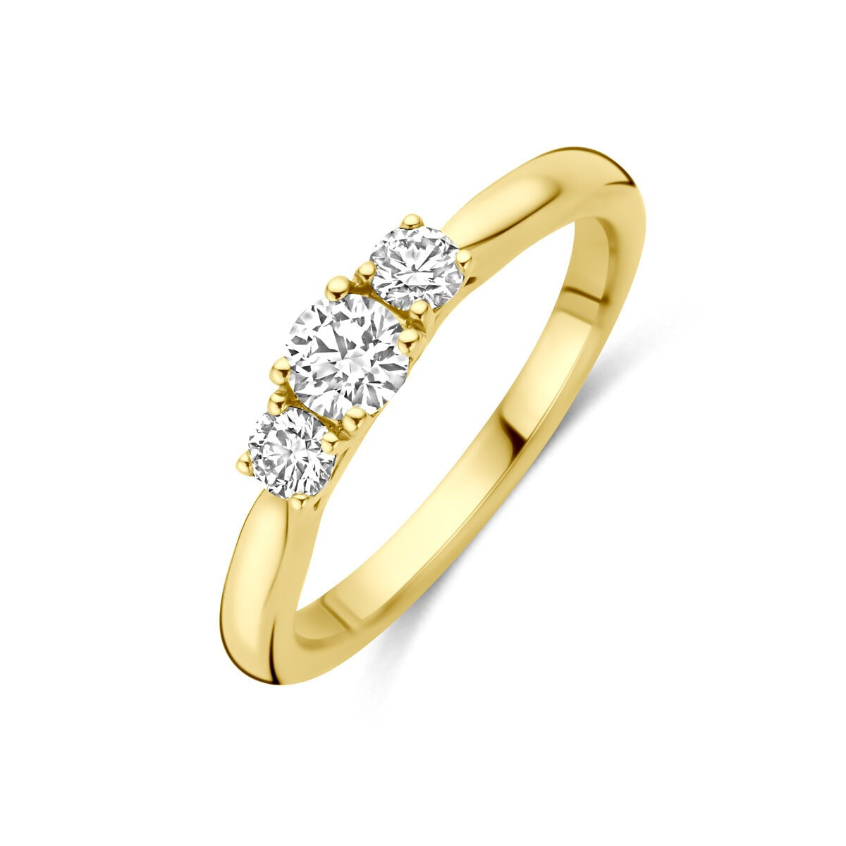 Anillo de oro amarillo de 14k con tres diamantes lab-grown de 0.45 ct en forma redonda.