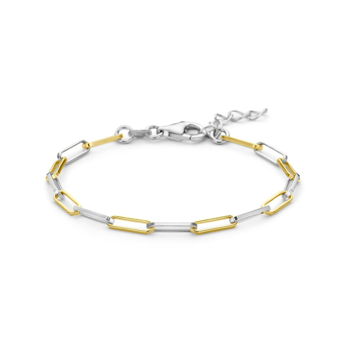 Pulsera de plata 925 bañada en oro y rodiada, con eslabones en forma de clip de papel.