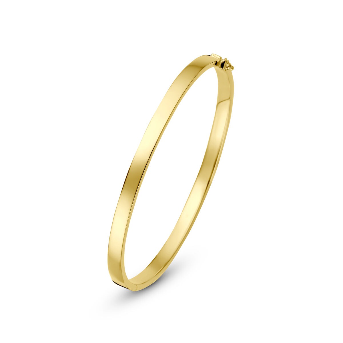 Brazalete de 14 quilates en oro amarillo, diseño delgado y liso, con cierre discreto.