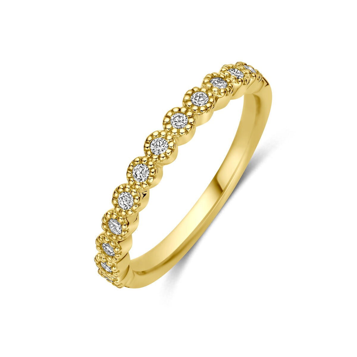 Anillo de alianza en oro amarillo de 14k con diamantes de 0,18 ct, con diseño delicado y brillante.