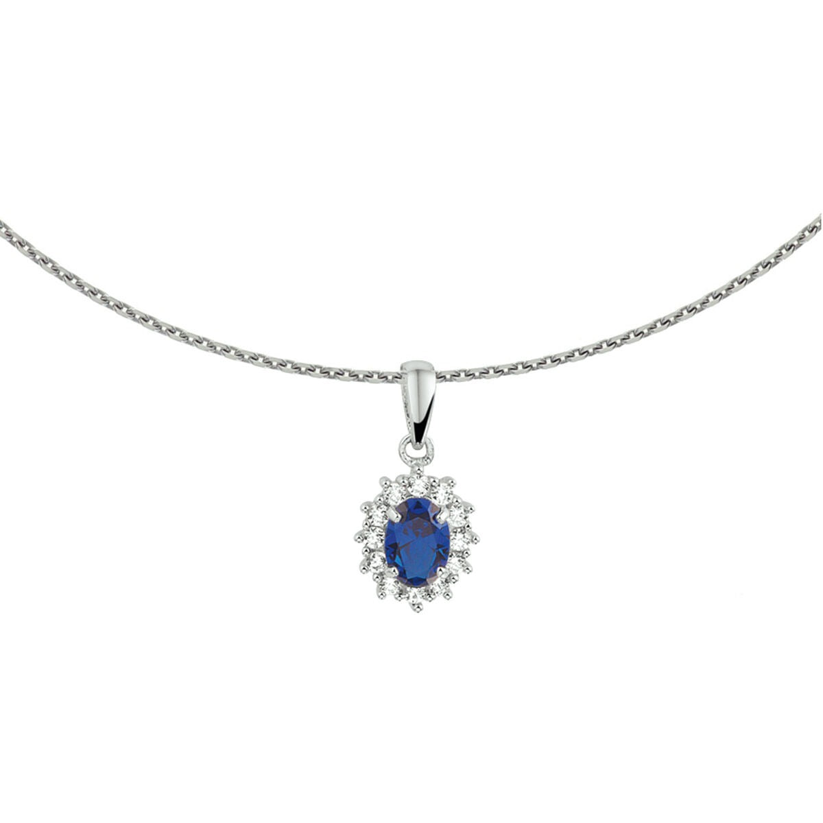 Cadena de plata con zafiro sintético y circonitas, con un colgante ovalado y detalles brillantes.