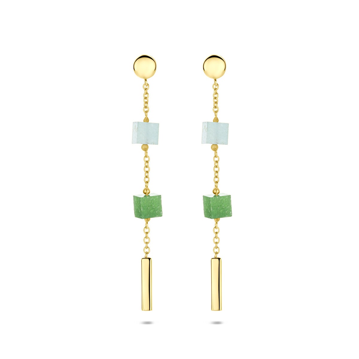 Pendientes largos de oro de 14k con cuarzo azul y verde, con formas geométricas y detalles alargados.