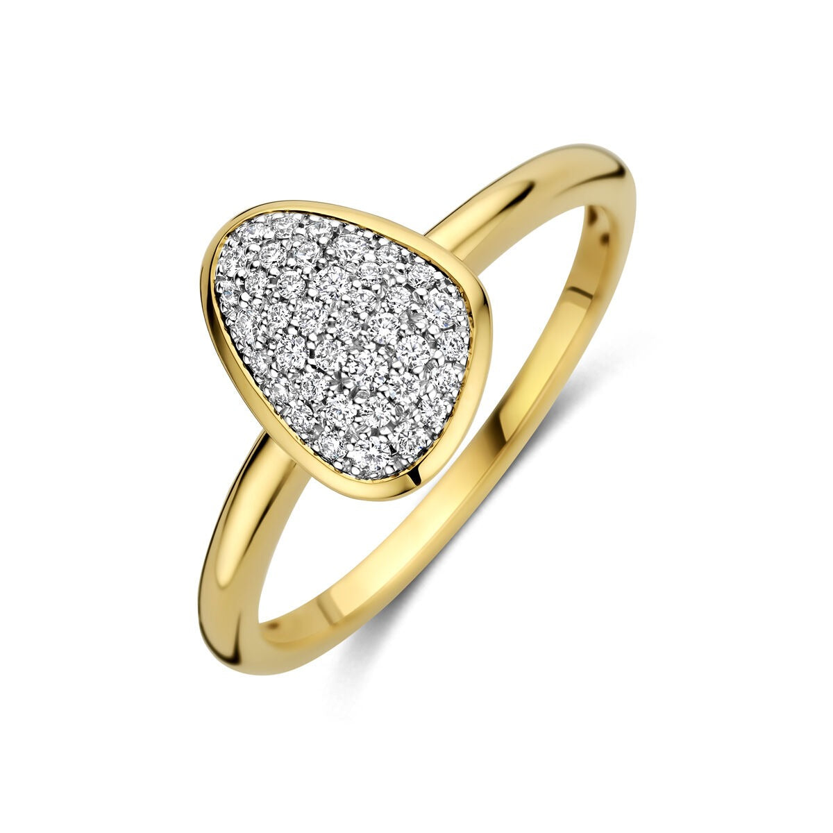Anillo bicolor de 14k para dama con diamantes, forma triangular y acabado brillante.