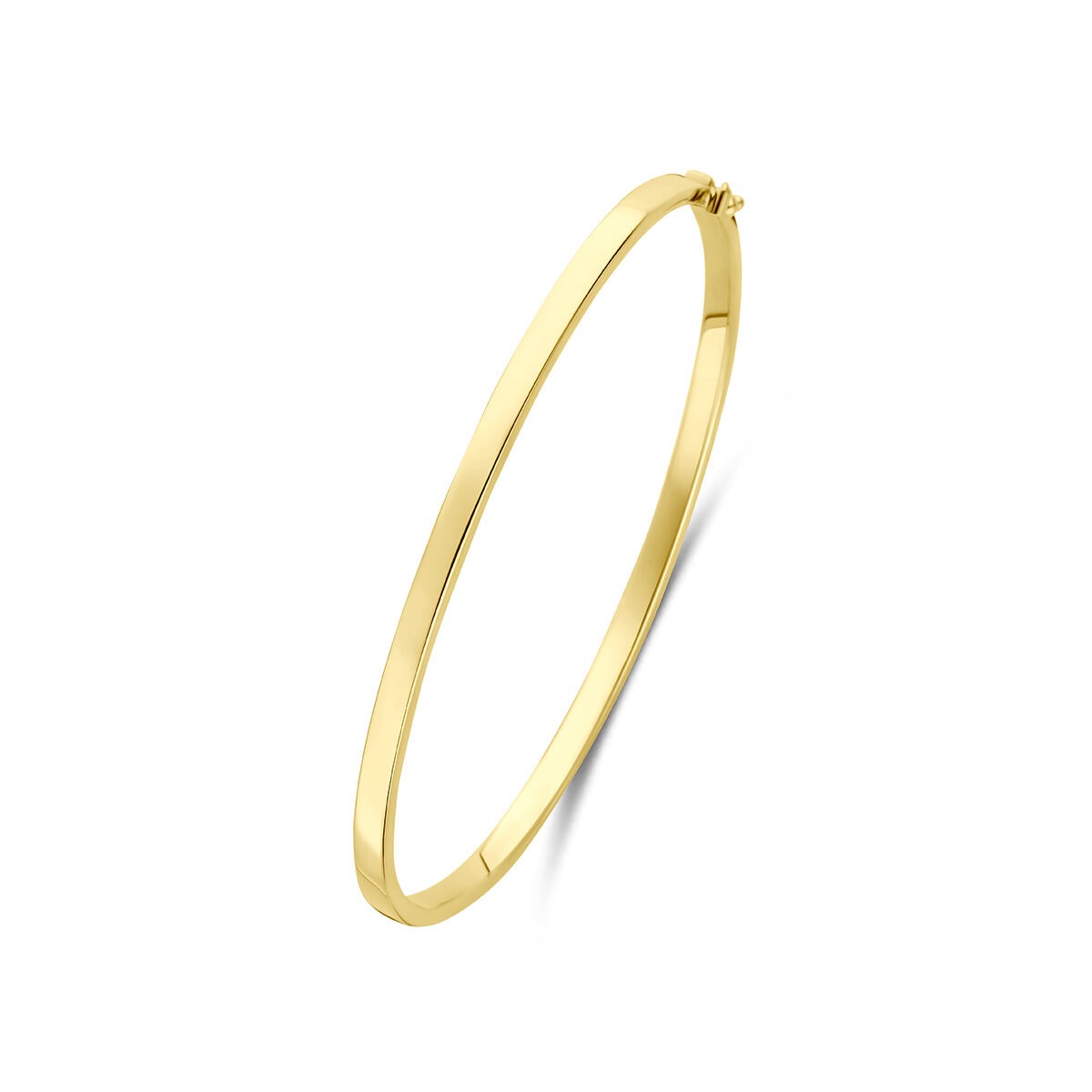 Brazalete bangle de oro amarillo de 14k con núcleo plateado, diseño liso y elegante.